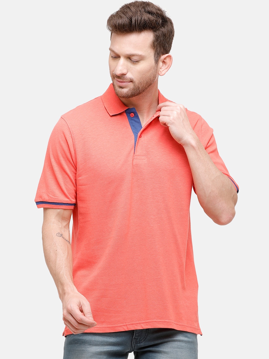 

CAVALLO by Linen Club Men Coral Orange Solid Linen Cotton Polo Collar T-shirt