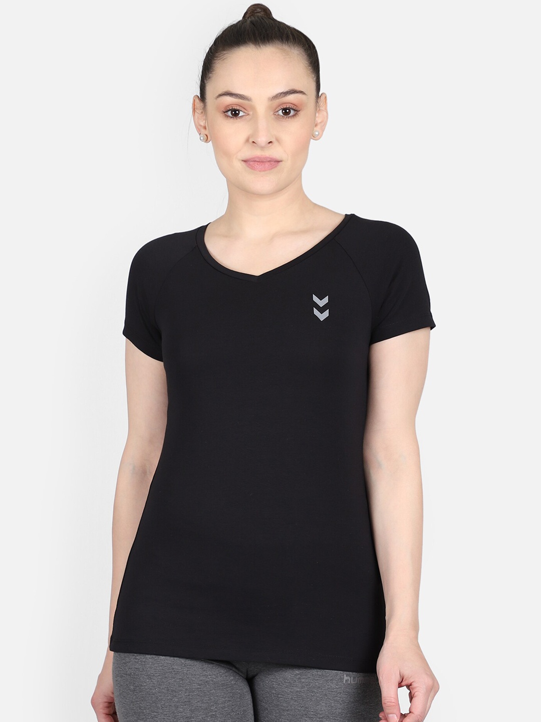 

hummel Women Black Solid V-Neck T-shirt