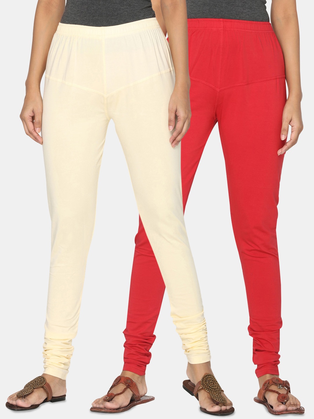 TSG Bliss Women Pack of 2 Solid Shrinkage Resistance Churidar Leggings, Cream