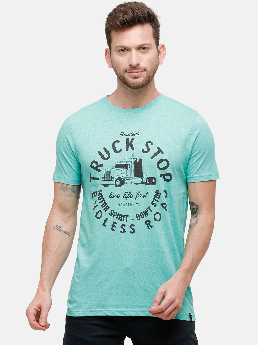 

CAVALLO by Linen Club Men Sea Green & Black Printed Linen Cotton T-shirt