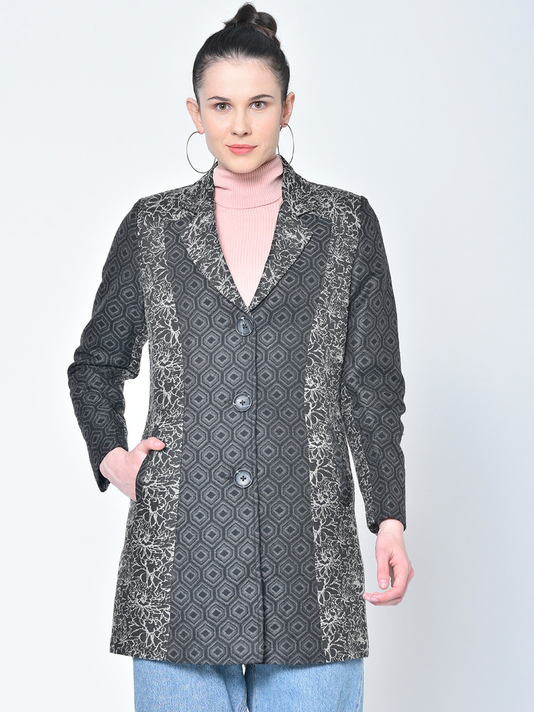

Chkokko Women Charcoal Grey & White Woven Design Overcoat