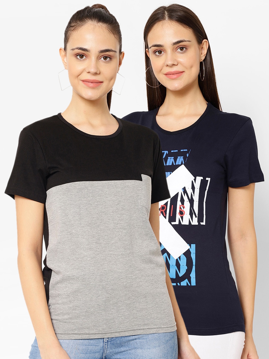 

MACK JONNEY Women Pack of 2 Printed Round Neck T-shirts, Black