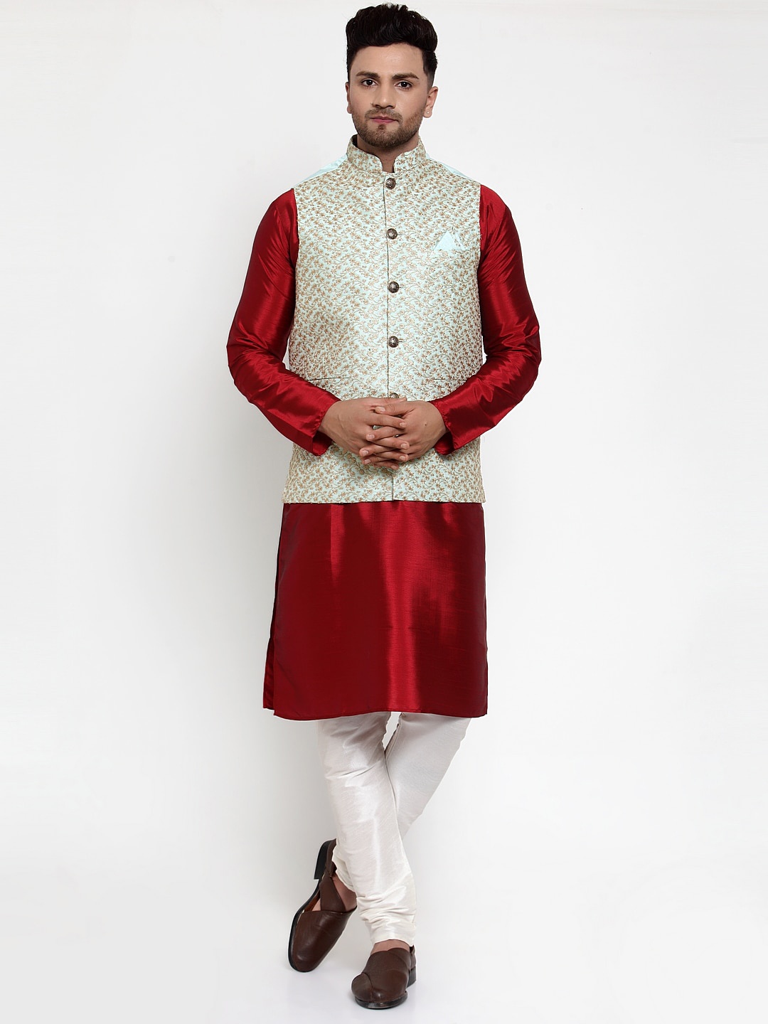 

Jompers Men Maroon & Off-White Solid Kurta with Churidar & Nehru Jacket