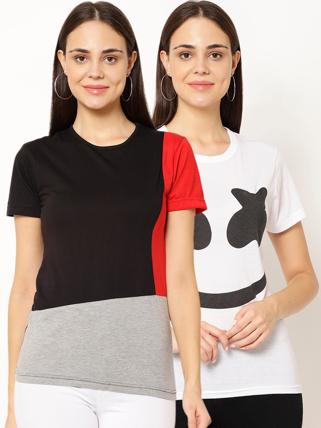 

VIMAL JONNEY Women Pack of 2 Printed Round Neck T-shirts, Black