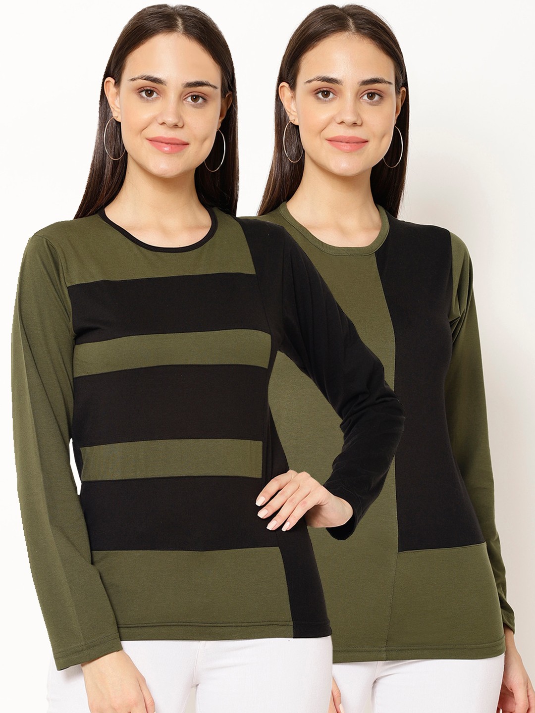

VIMAL JONNEY Women Pack Of 2 Colourblocked Round Neck T-shirt, Olive