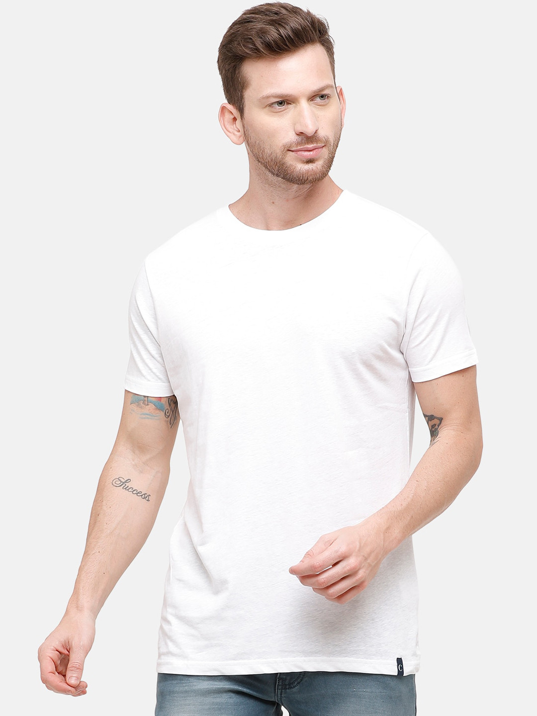 

CAVALLO by Linen Club Men White Solid Round Neck Cotton Linen T-shirt