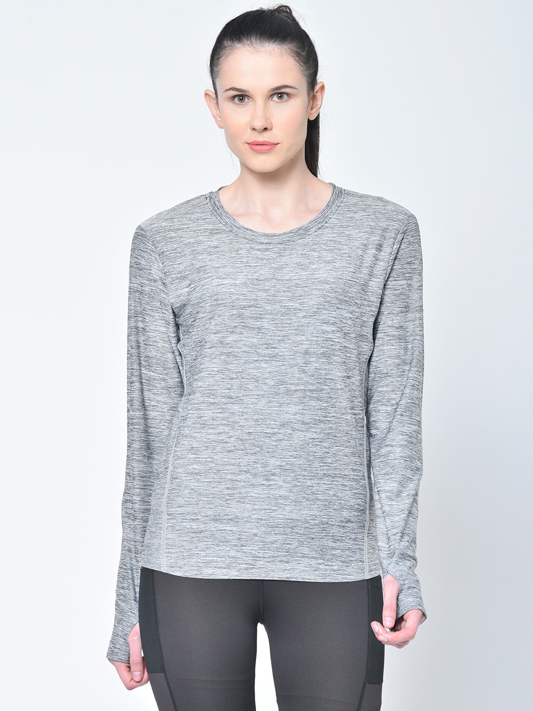 

CHKOKKO Women Grey Self Design Round Neck T-shirt