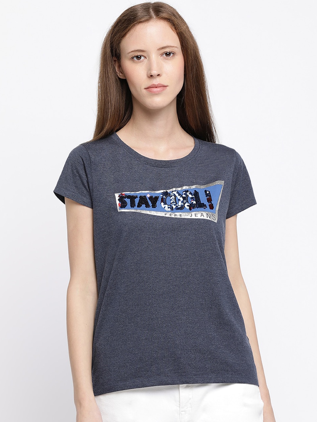 

Pepe Jeans Women Navy Blue Solid Round Neck T-shirt