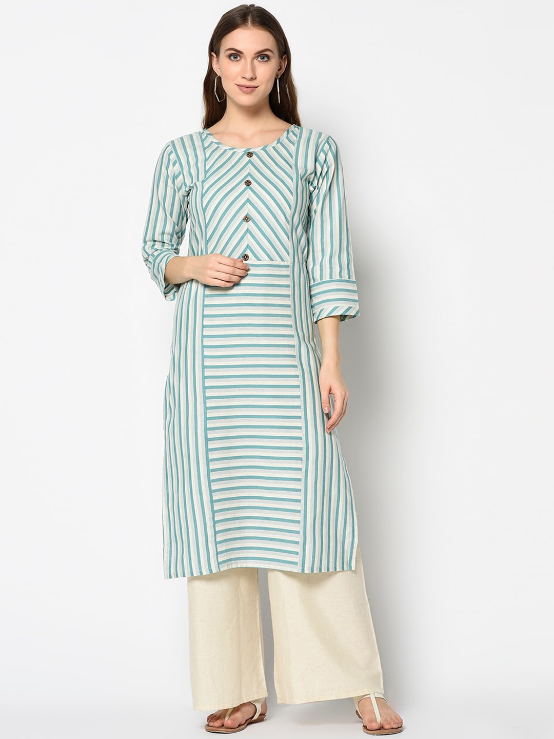 

Kvsfab Women Green & White Striped Kaftan Kurta