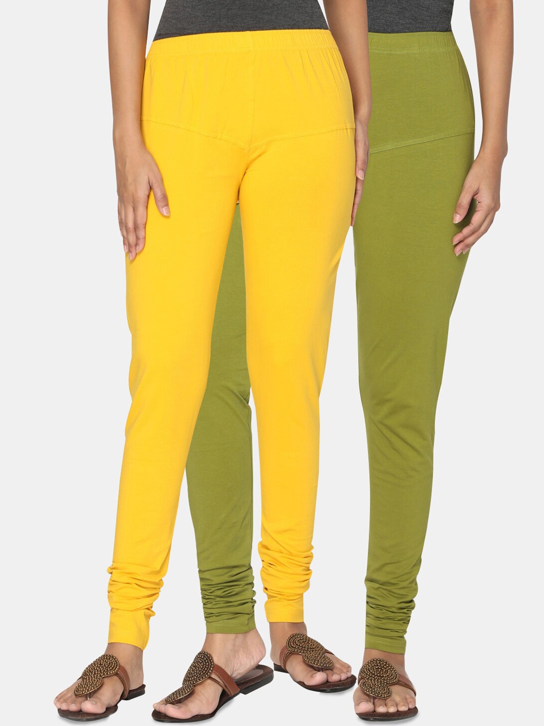 

TSG Bliss Women Pack of 2 Solid Churidar Leggings, Yellow
