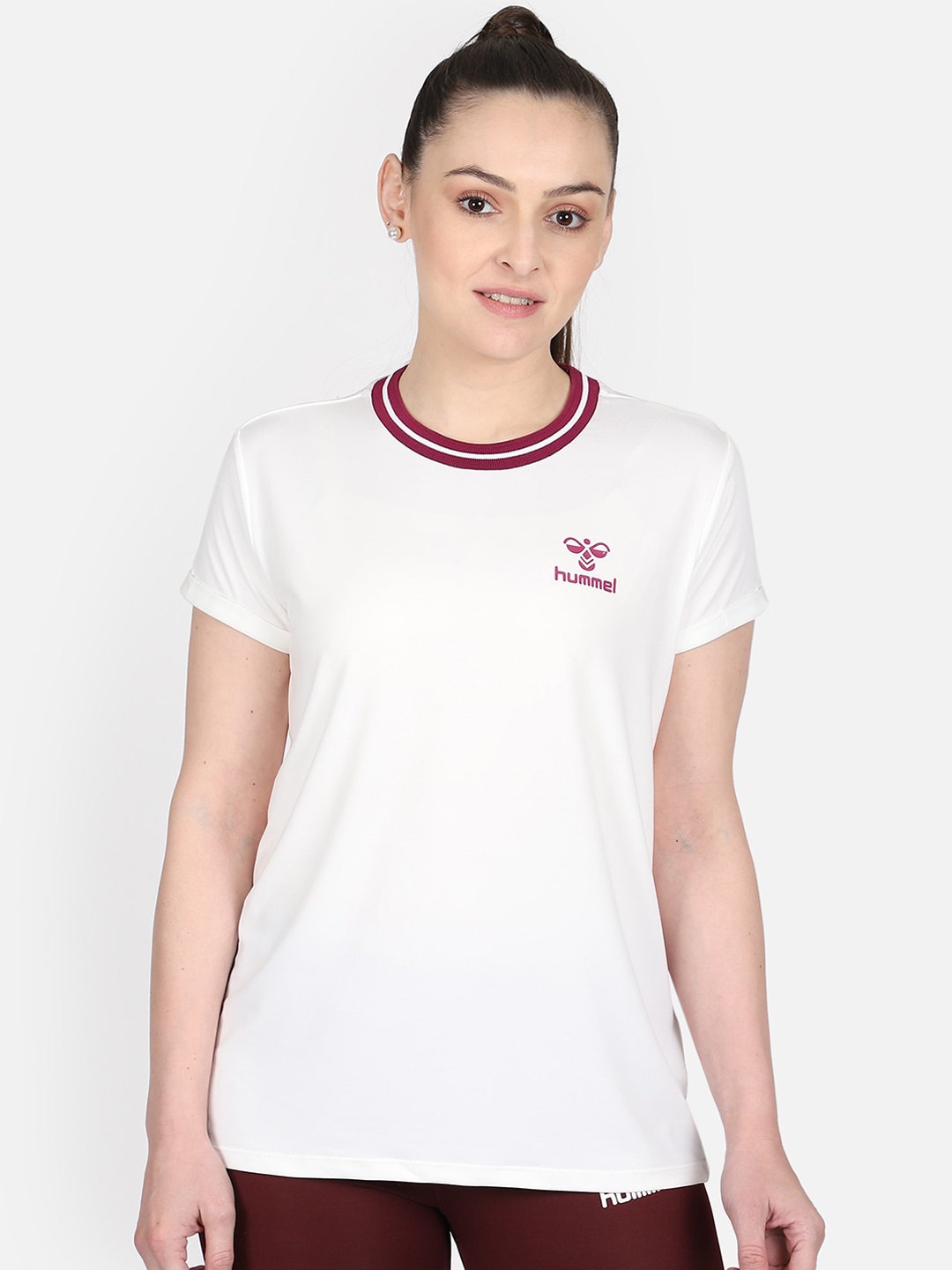 

hummel Women Off-White Solid Round Neck T-shirt
