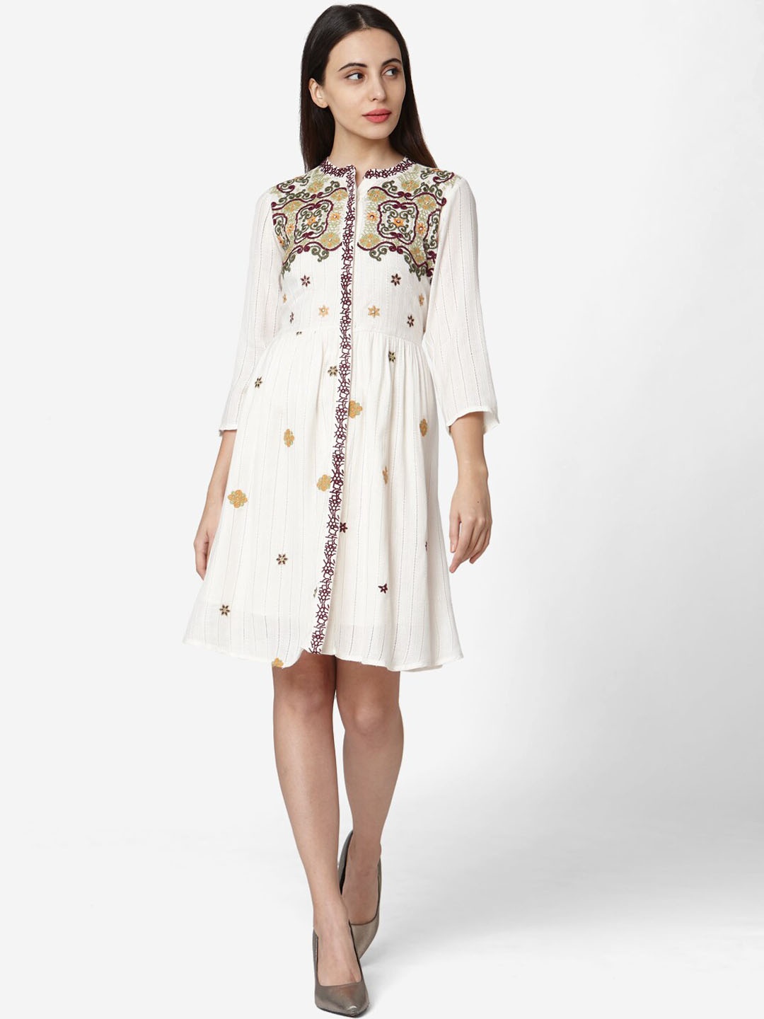 Saanjh Women White Embroidered A-Line Dress