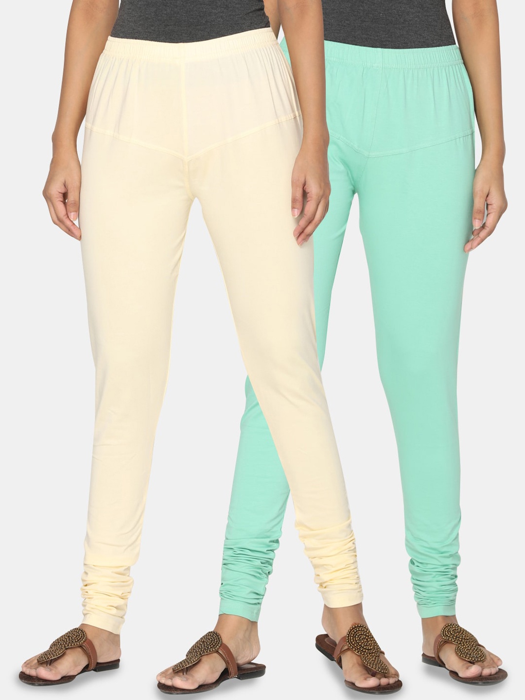 

TSG Bliss Women Pack Of 2 Cream-Colored & Blue Solid Churidar-Length leggings
