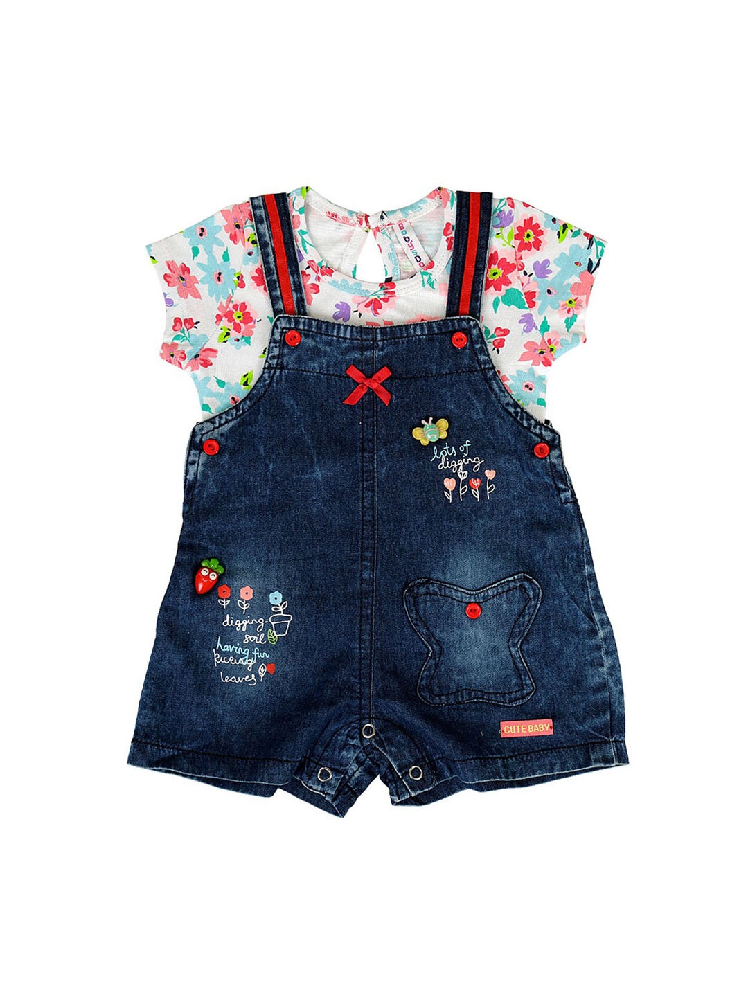 

Babys Day Infant Girls Red & Blue Printed Dungarees with T-shirt