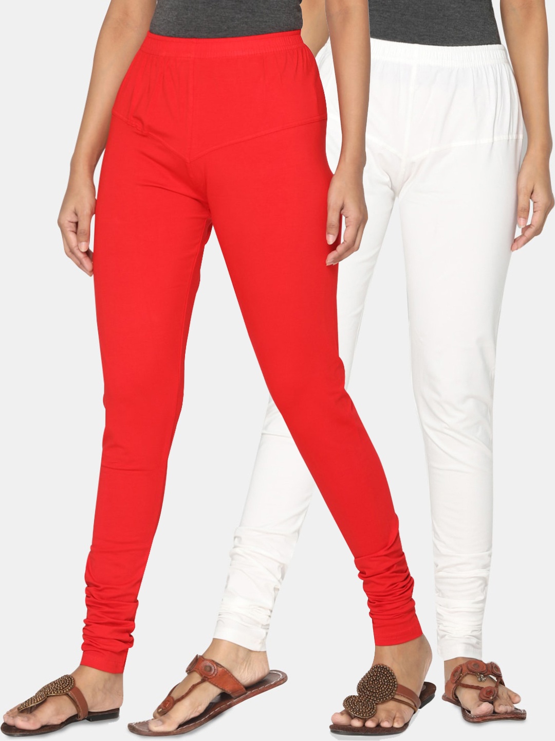

TSG Bliss Women Pack of 2 Solid Churidar Leggings, Red