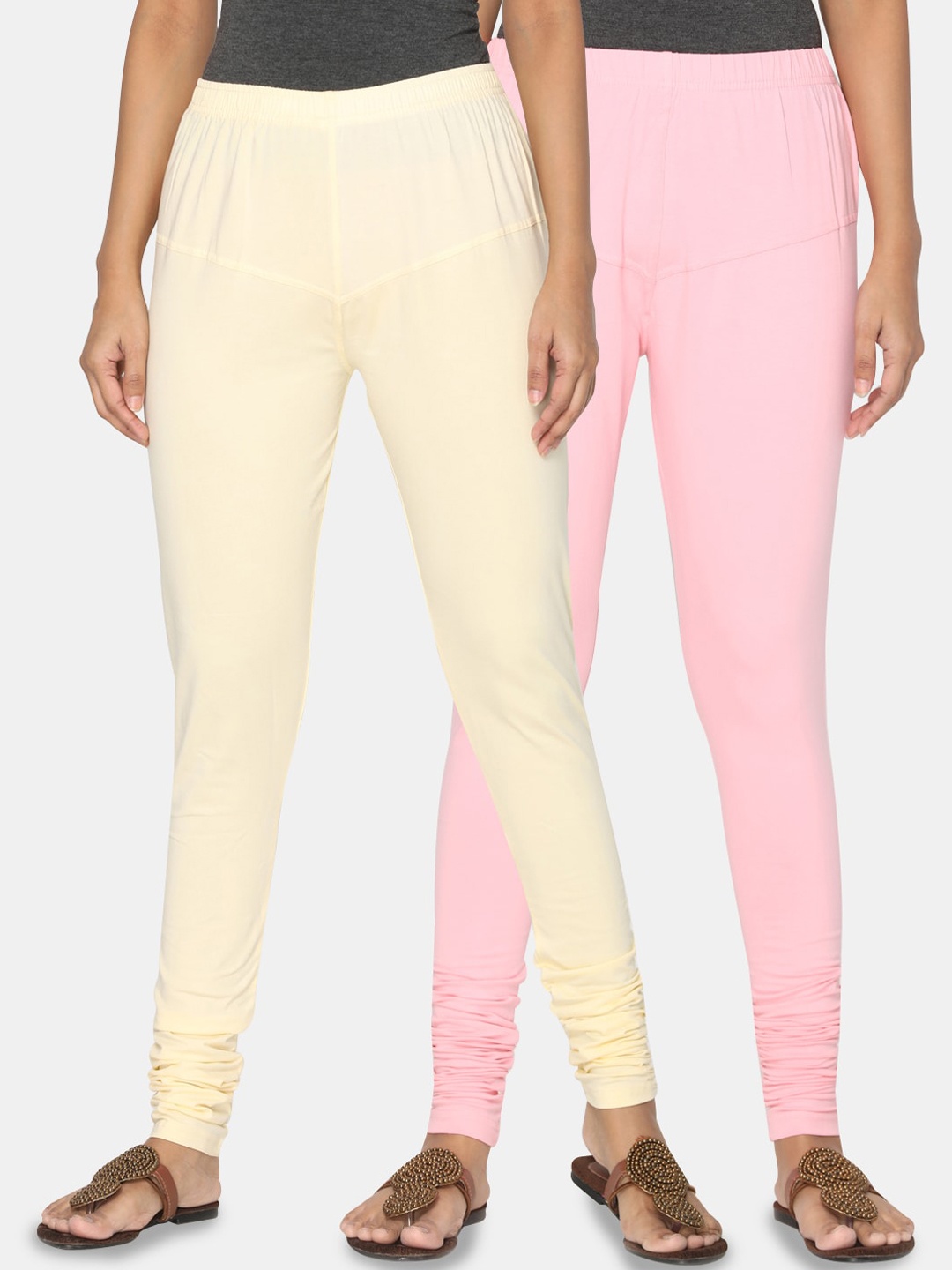 

TSG Bliss Women Pack Of 2 Solid Churidar-Length Leggings, Cream