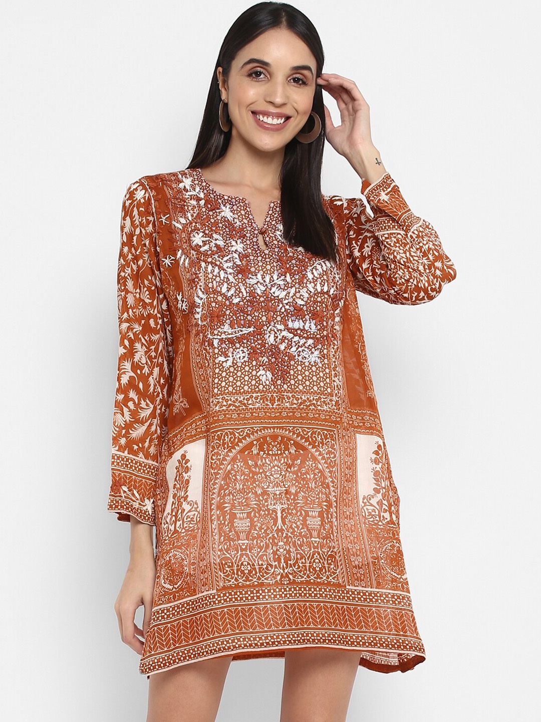 

Cotton brown printed hand embroidered tunic dress