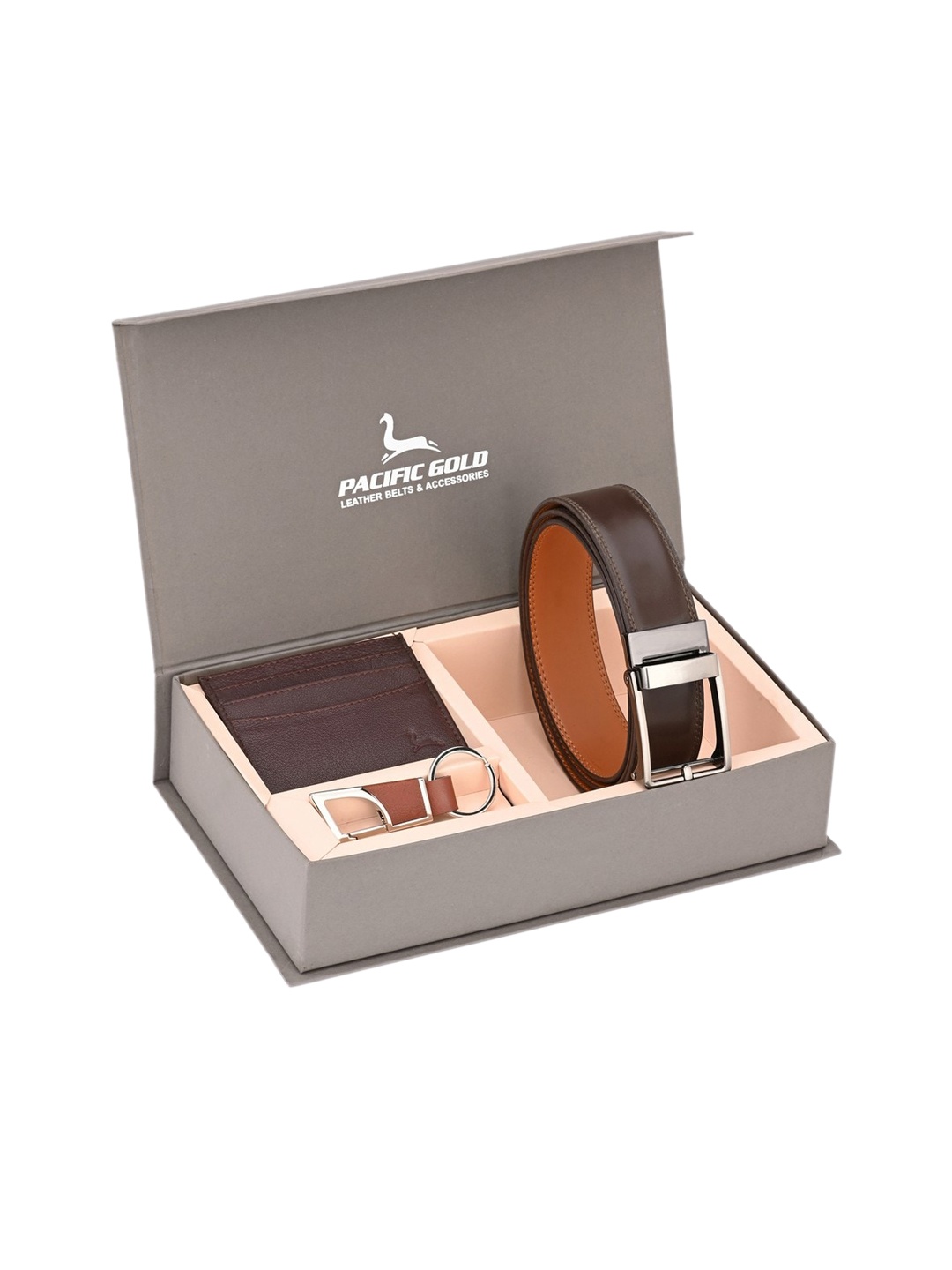 

Pacific Gold Men Brown & Silver-Toned Genuine Leather Accessory Gift Set