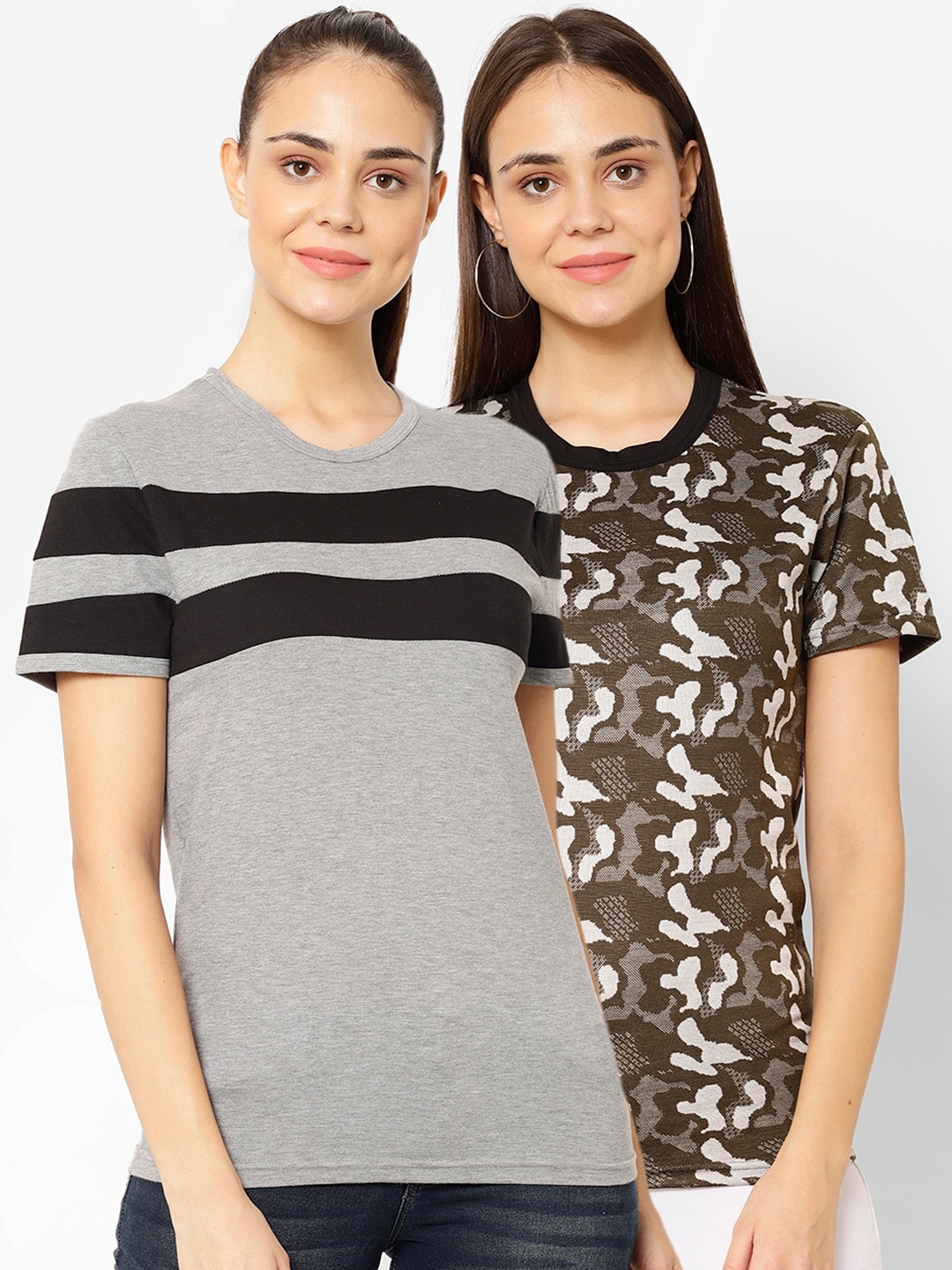 

MACK JONNEY Women Pack of 2 Printed Round Neck T-shirts, Grey