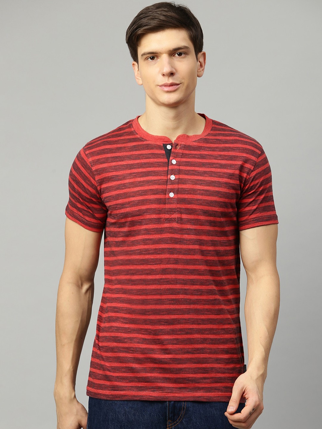 

LINDBERGH Men Red Striped Henley Neck T-shirt