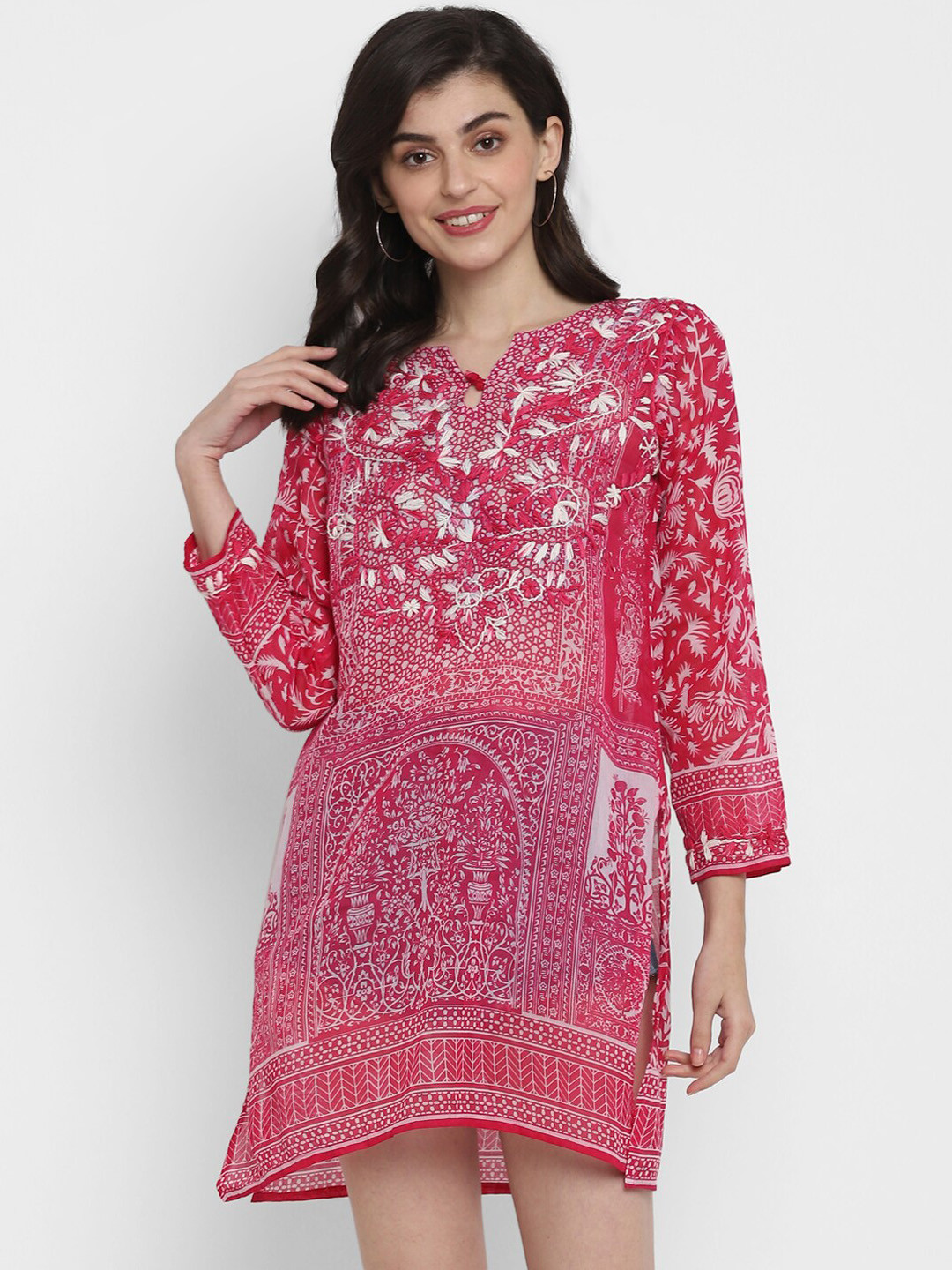 

KLOTTHE Women Pink Printed Hand Embroidered Tunic Dress