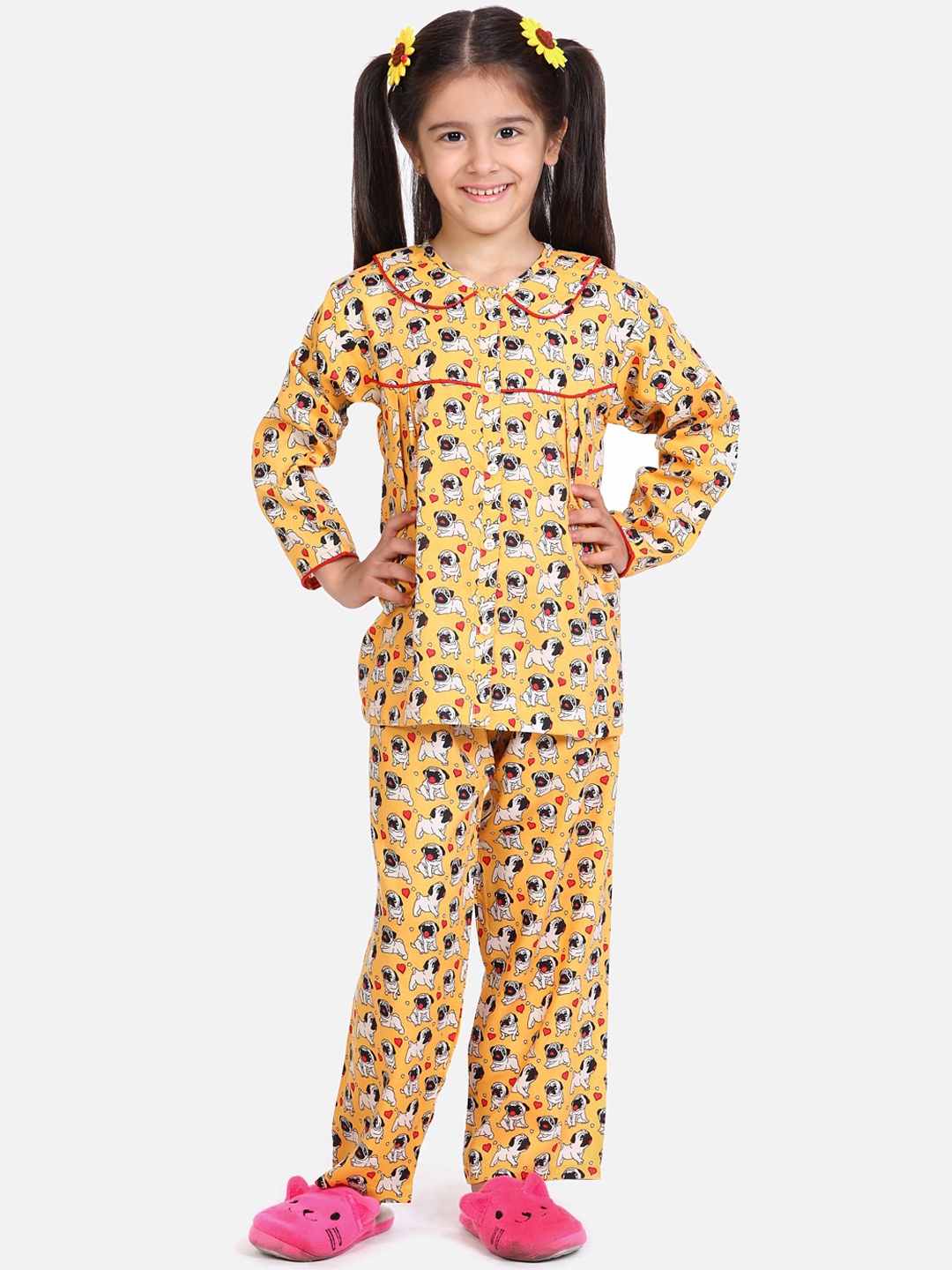 

BownBee Girls Orange & White Printed Night Suit