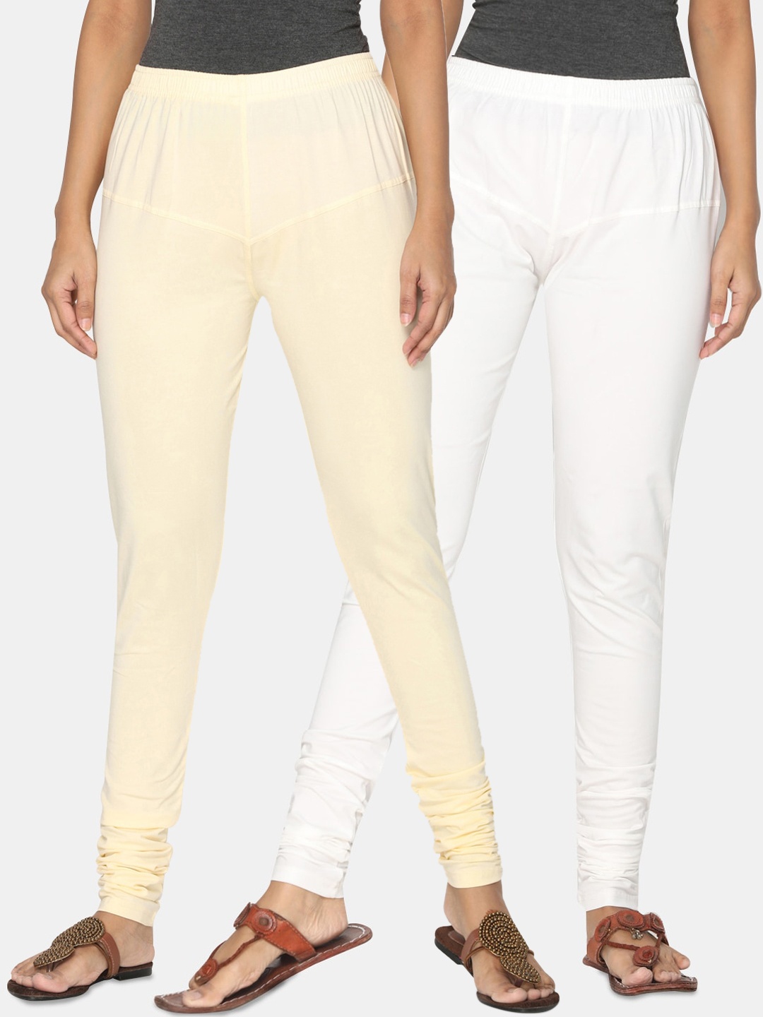 

TSG Bliss Women Pack Of 2 White & Cream-Colored Solid Churidar-Length leggings