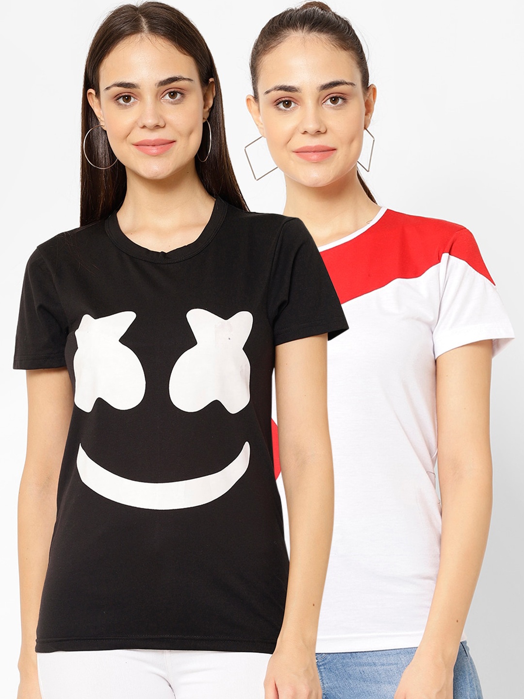 

VIMAL JONNEY Women Pack of 2 Printed Round Neck T-shirts, Black