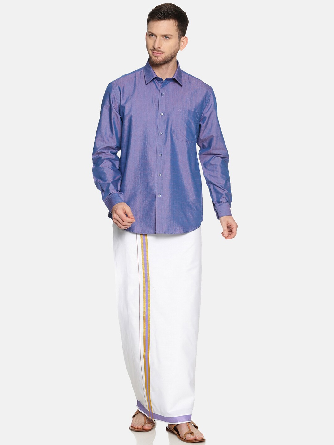

Ramraj Men Blue & White Solid Shirt with Dhoti Pants