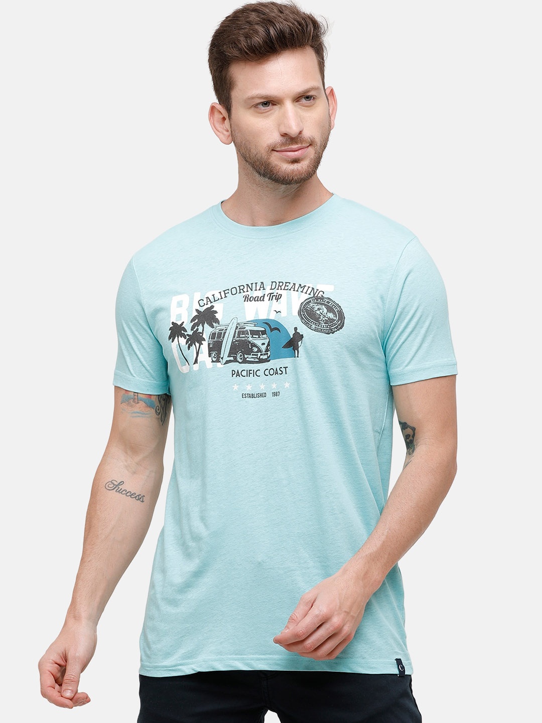 

CAVALLO by Linen Club Men Blue Printed Round Neck Cotton Linen T-shirt