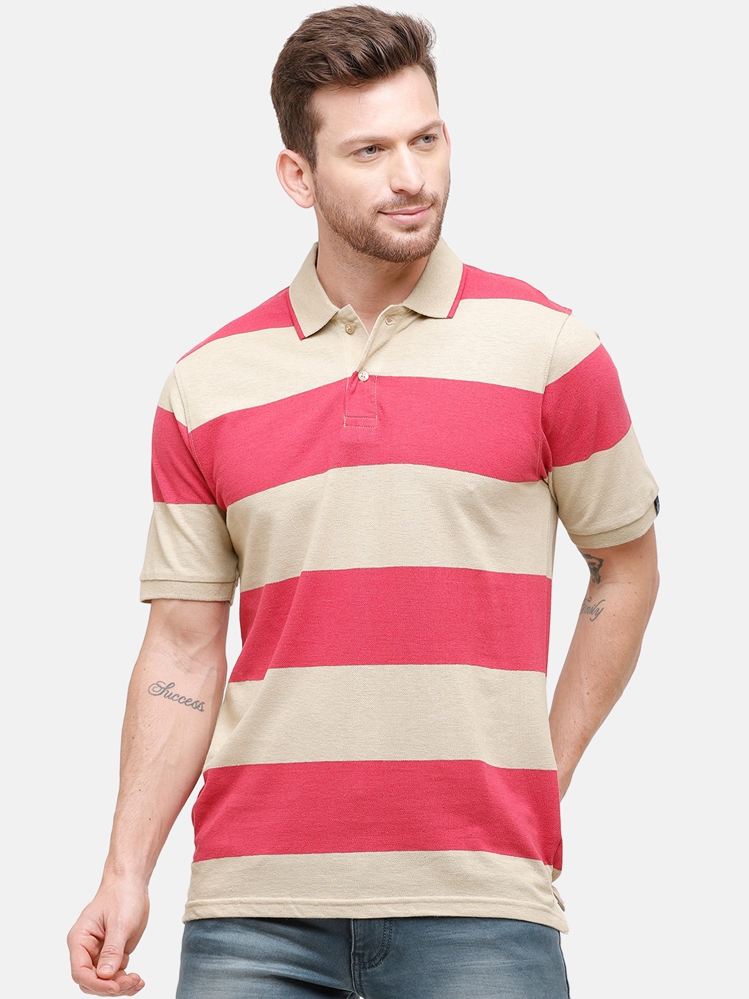 

CAVALLO by Linen Club Men Beige Striped Linen Cotton Polo Collar T-shirt