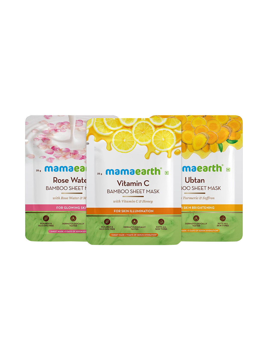 

Mamaearth Unisex Set of Ubtan Rose Water Vitamin C Bamboo Sheet Masks 25g Each, Multi