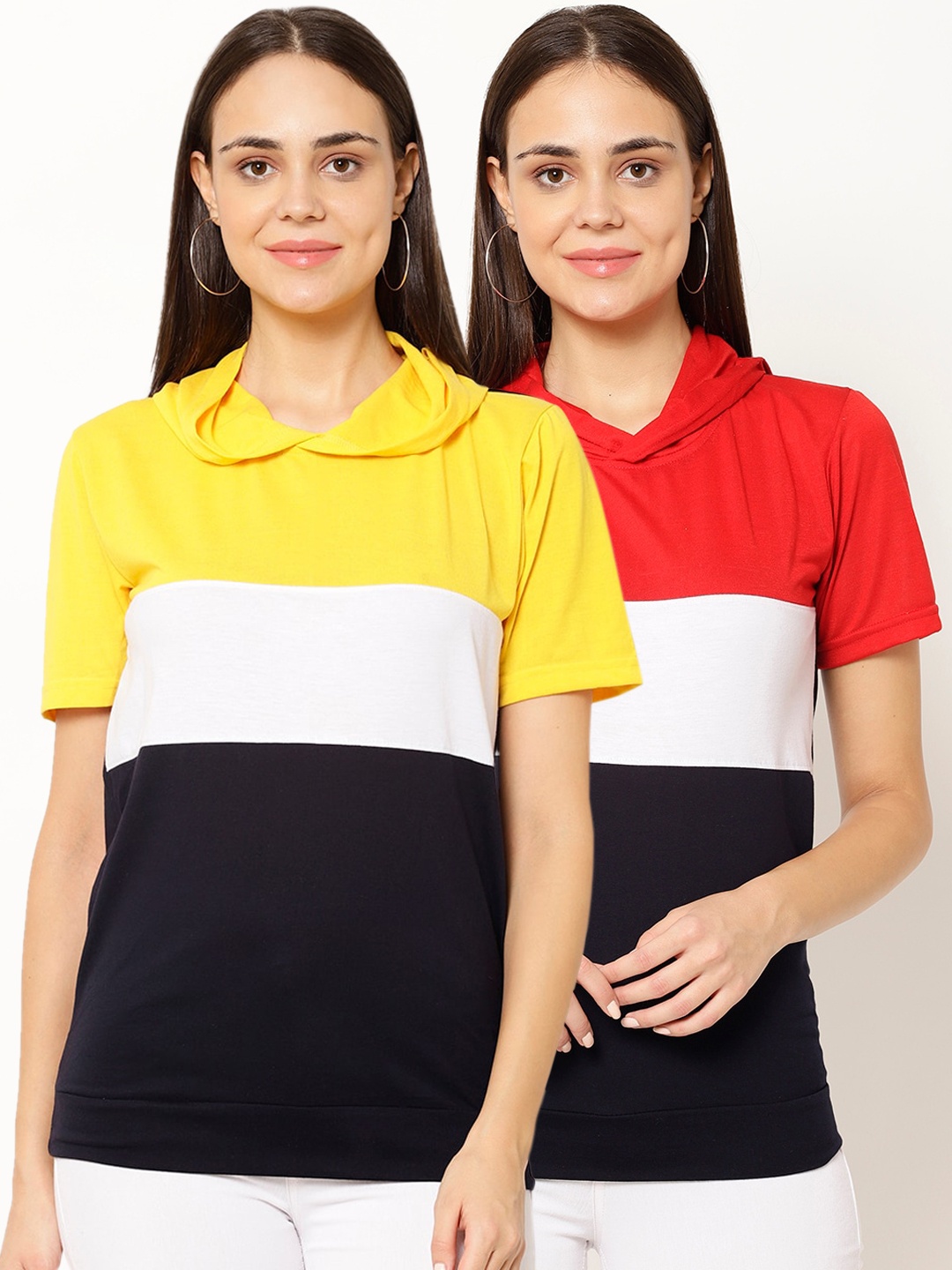 

VIMAL JONNEY Women Pack of 2 Colourblocked Hood T-shirts, Yellow