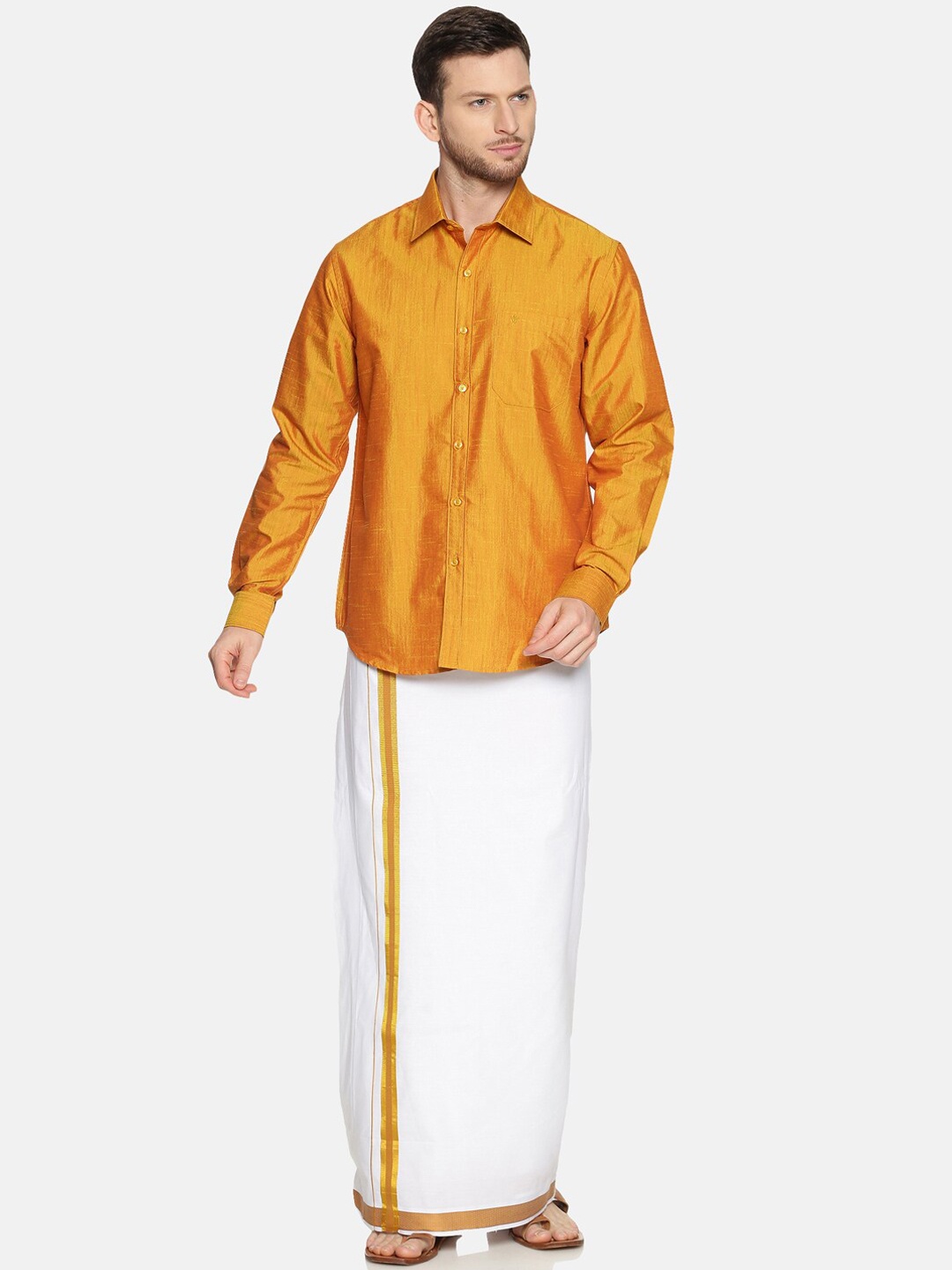 

Ramraj Men Gold-Toned Solid Cotton Blend Shirt & Dhoti Set