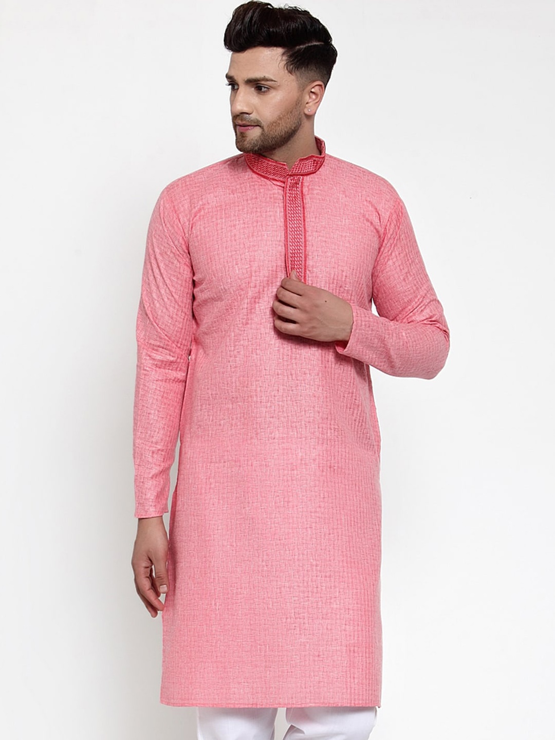 

Jompers Men Pink Checked Straight Kurta