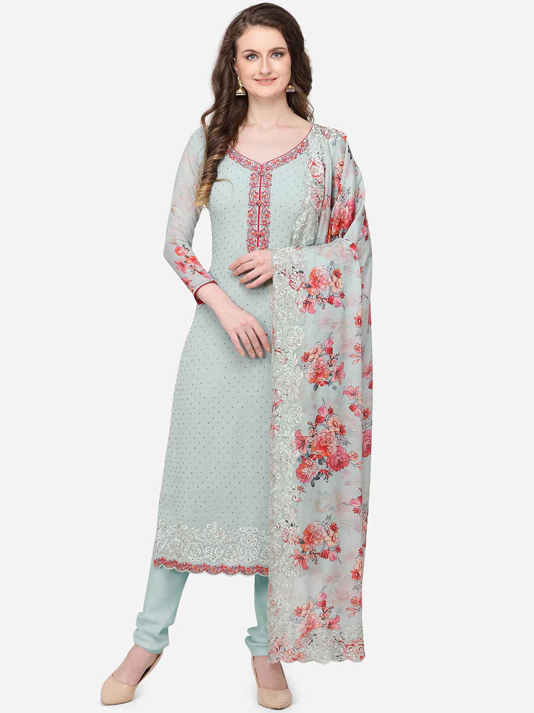

Stylee LIFESTYLE Green Poly Georgette Unstitched Dress Material