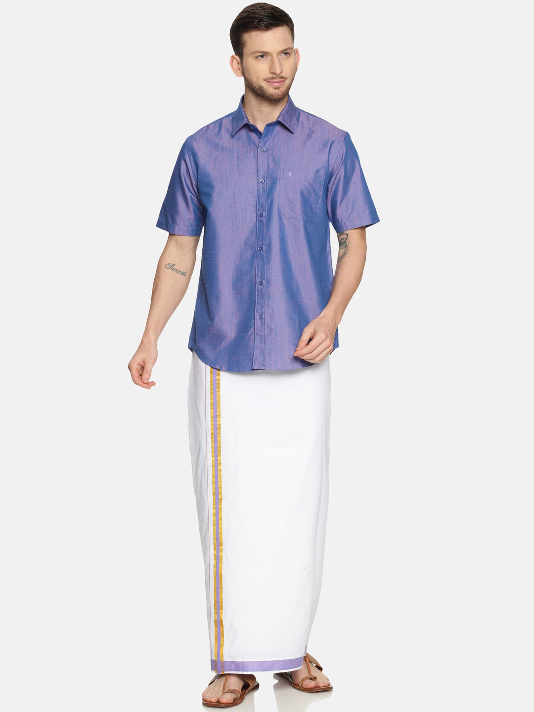 

Ramraj Men Blue Half Sleeves Solid Cotton Blend Shirt & Dhoti Set
