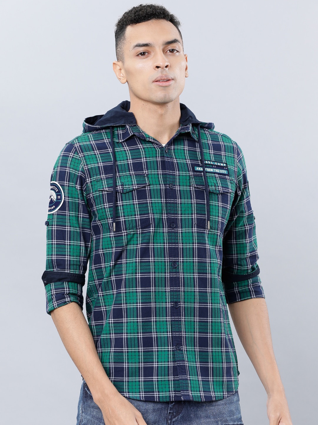 

LOCOMOTIVE Men Green & Navy Blue Slim Fit Checked Casual Shirt