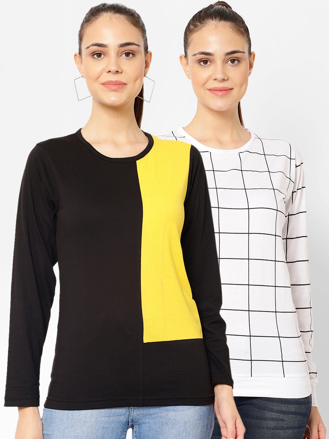 

VIMAL JONNEY Women Pack Of 2 Checked Round Neck T-shirt, Multi