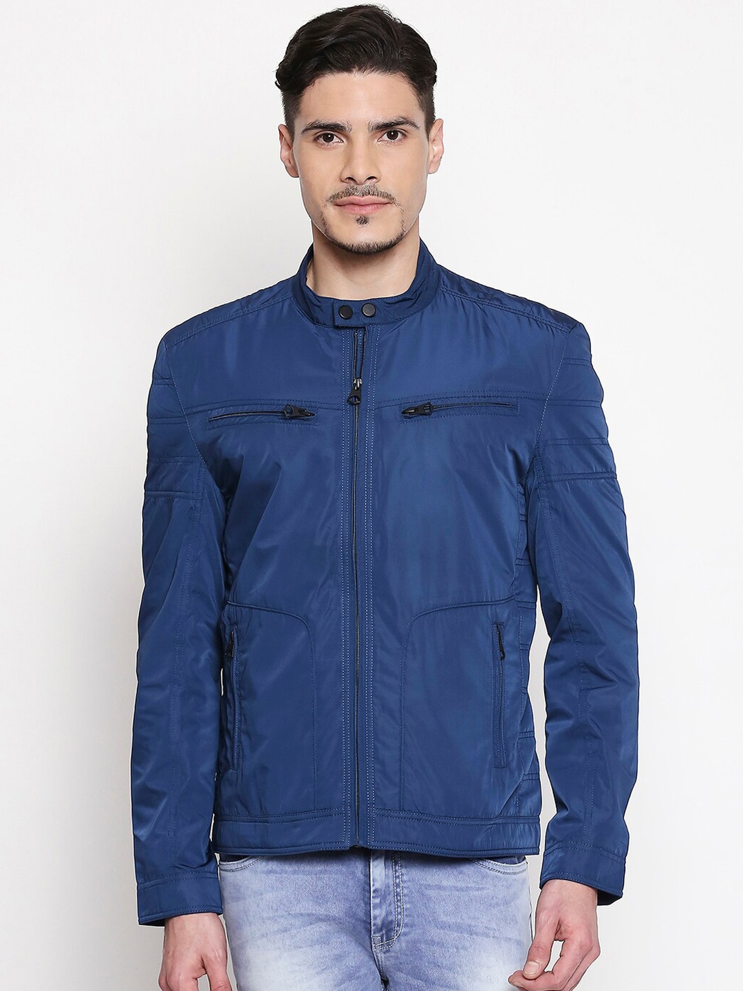 

Mufti Men Blue Solid Biker Jacket