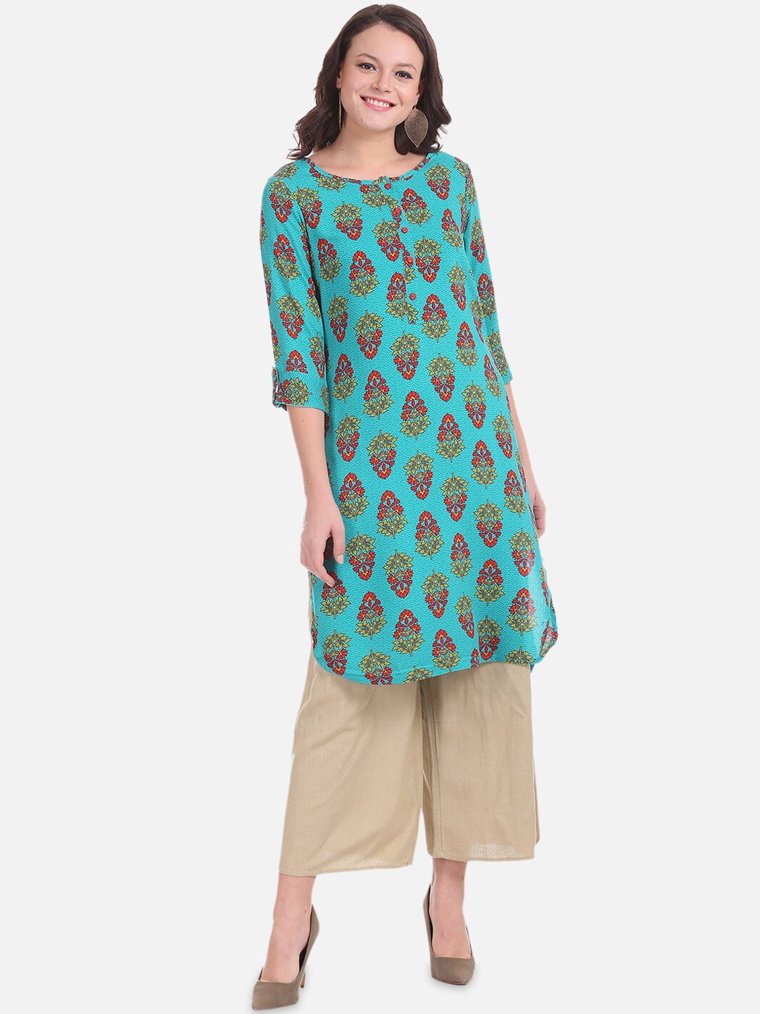 

Karigari Women Sea Green Printed Straight Kurta