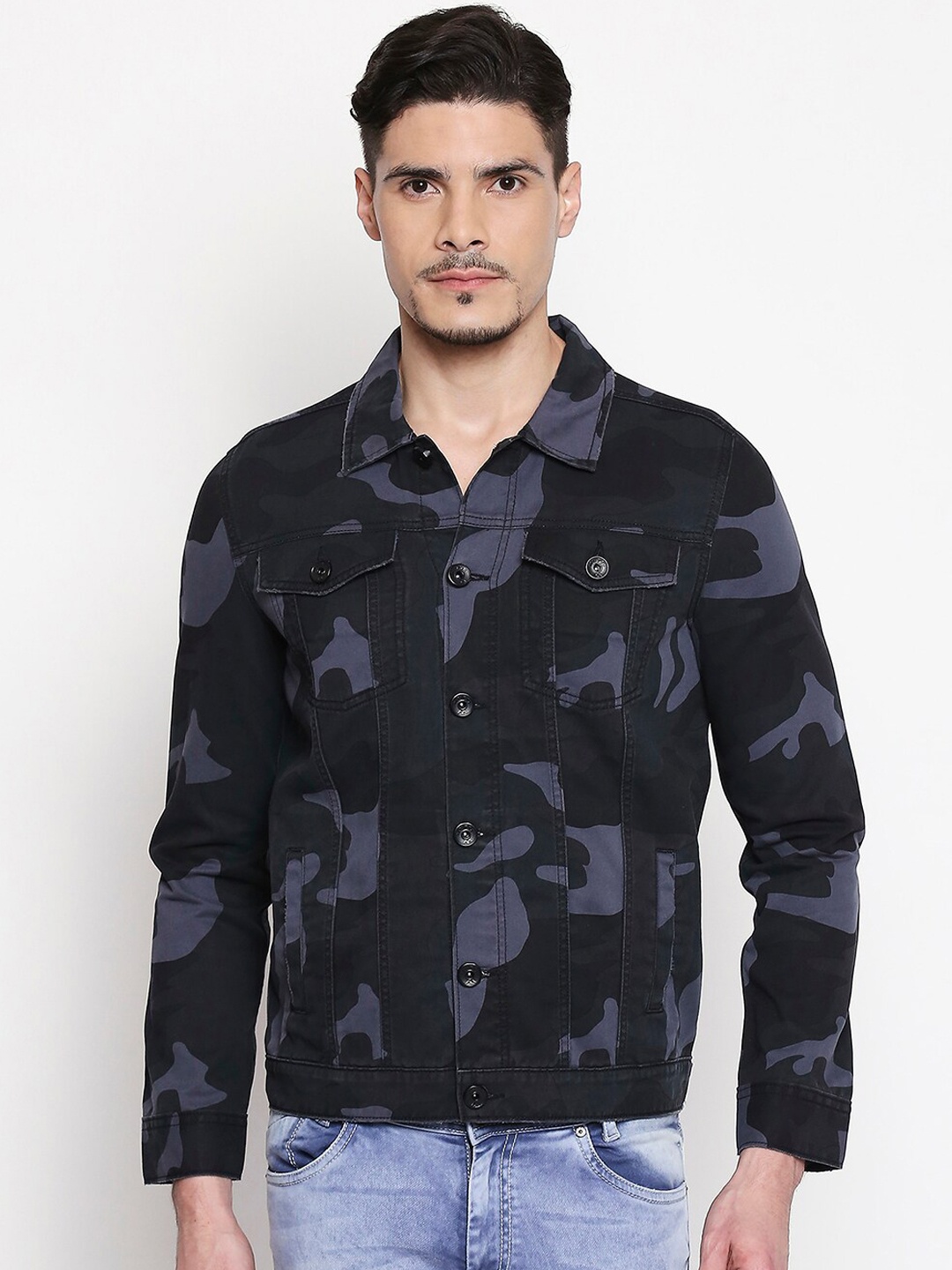 

Mufti Men Black Camouflage Printed Denim Jacket