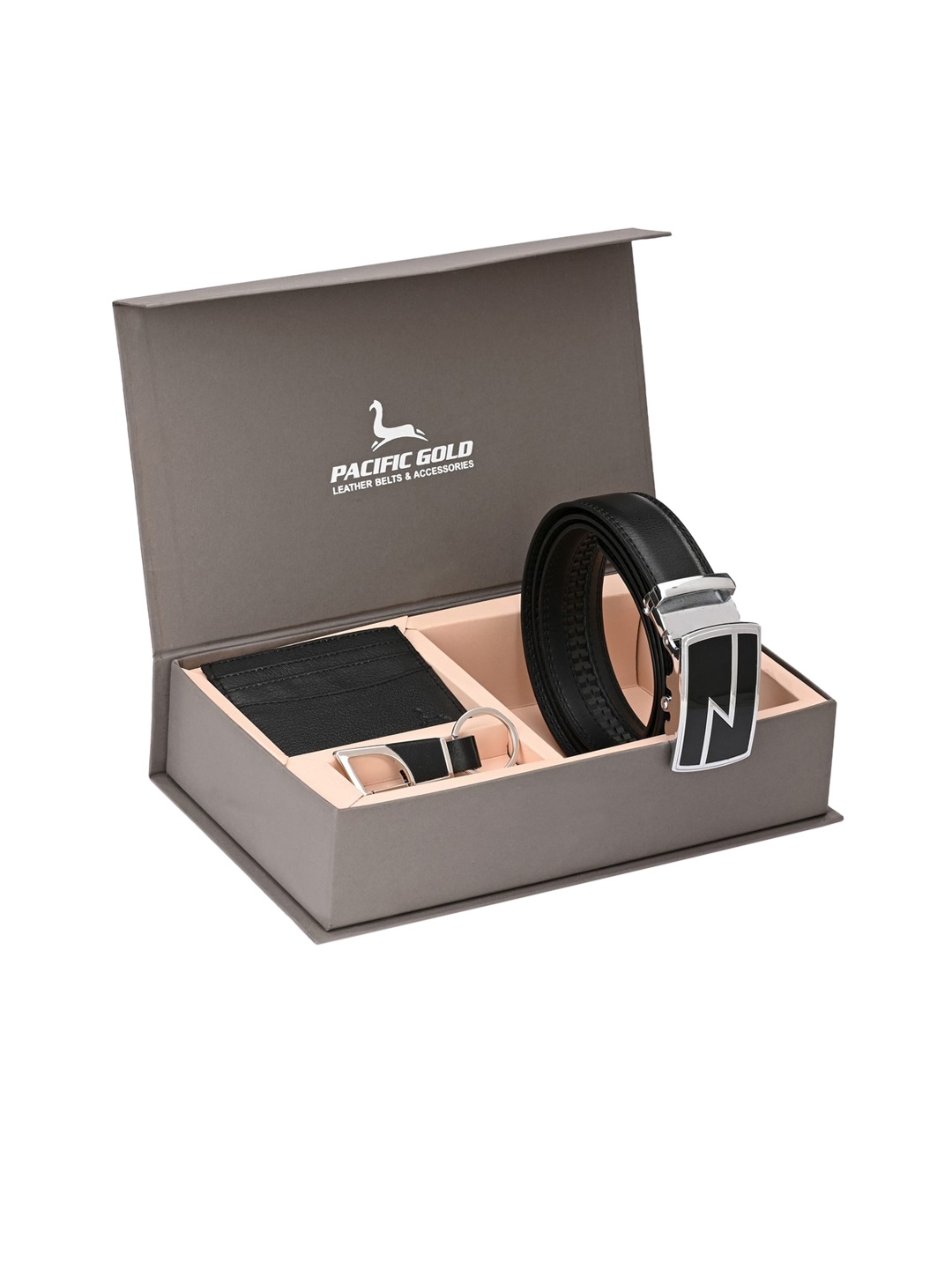 Pacific Gold Men Black & Silver-Toned Genuine Leather Accessory Gift Set