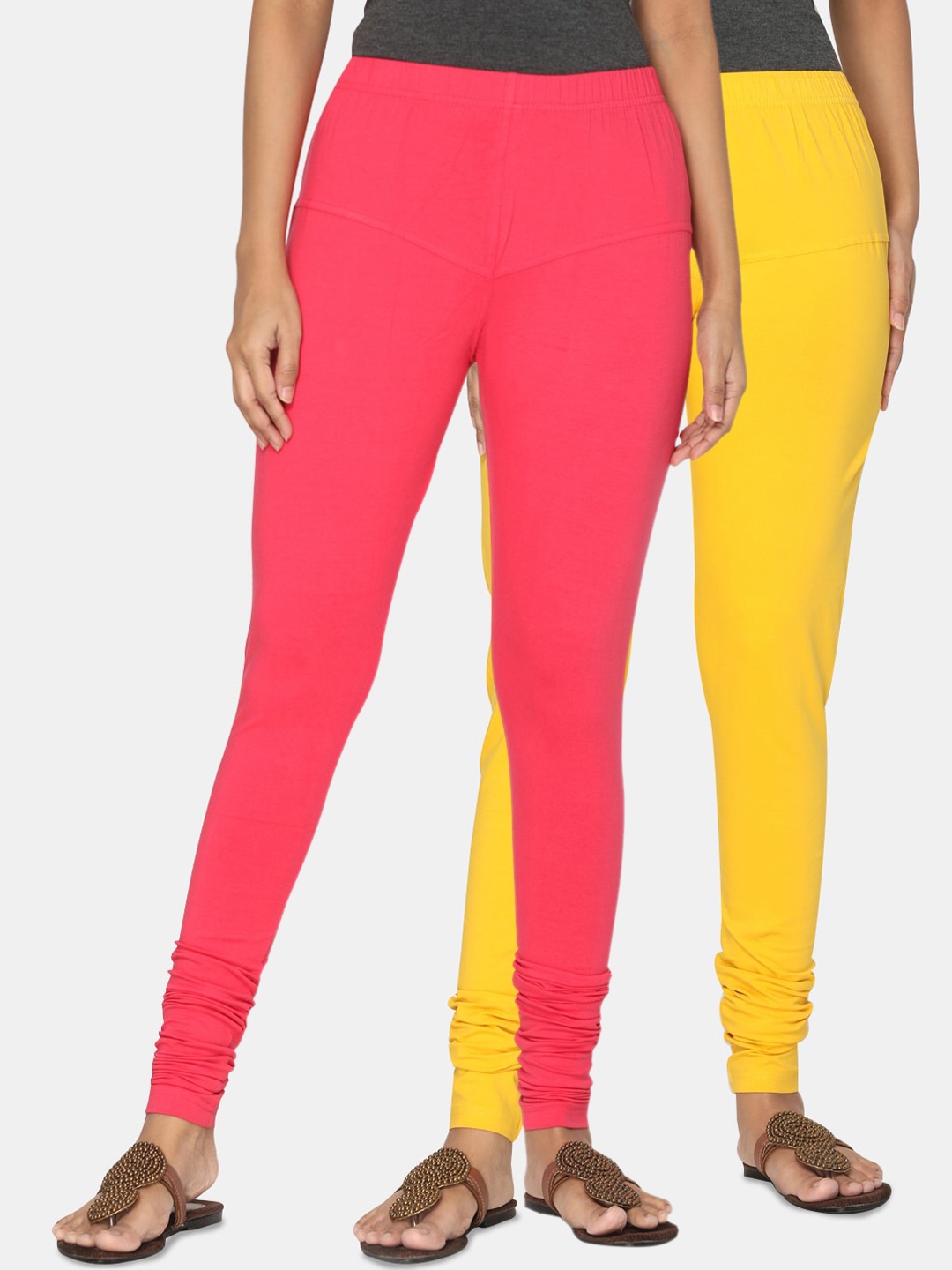 TSG Bliss Women Pack of 2 Solid Churidar Leggings, Yellow
