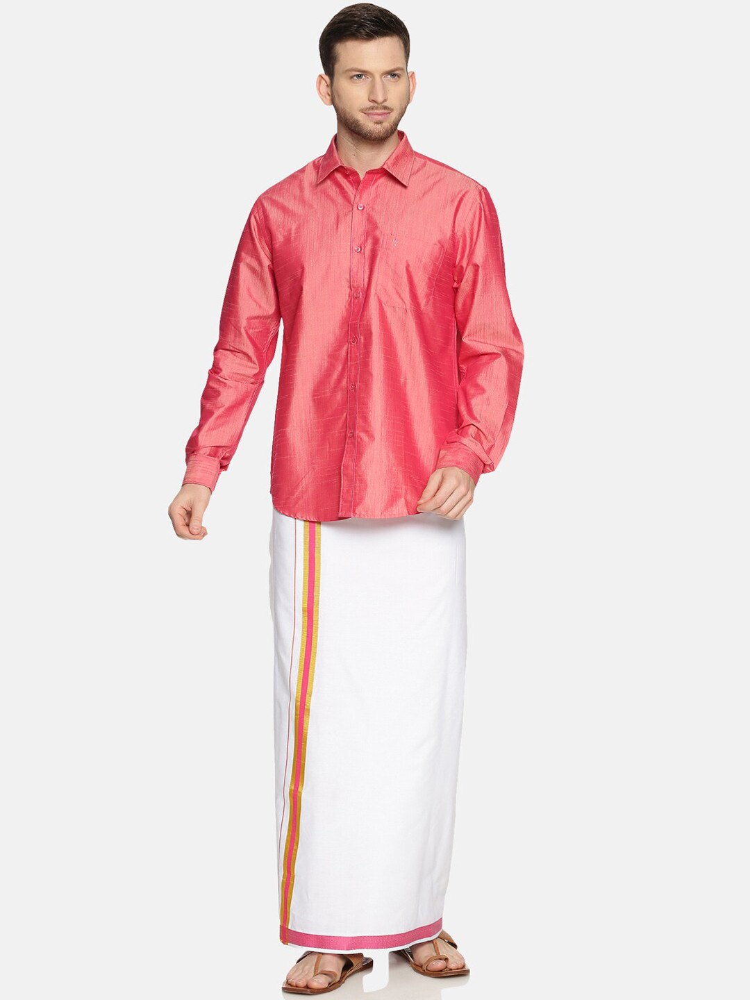 

Ramraj Men Pink Solid Cotton Blend Shirt & Dhoti Set