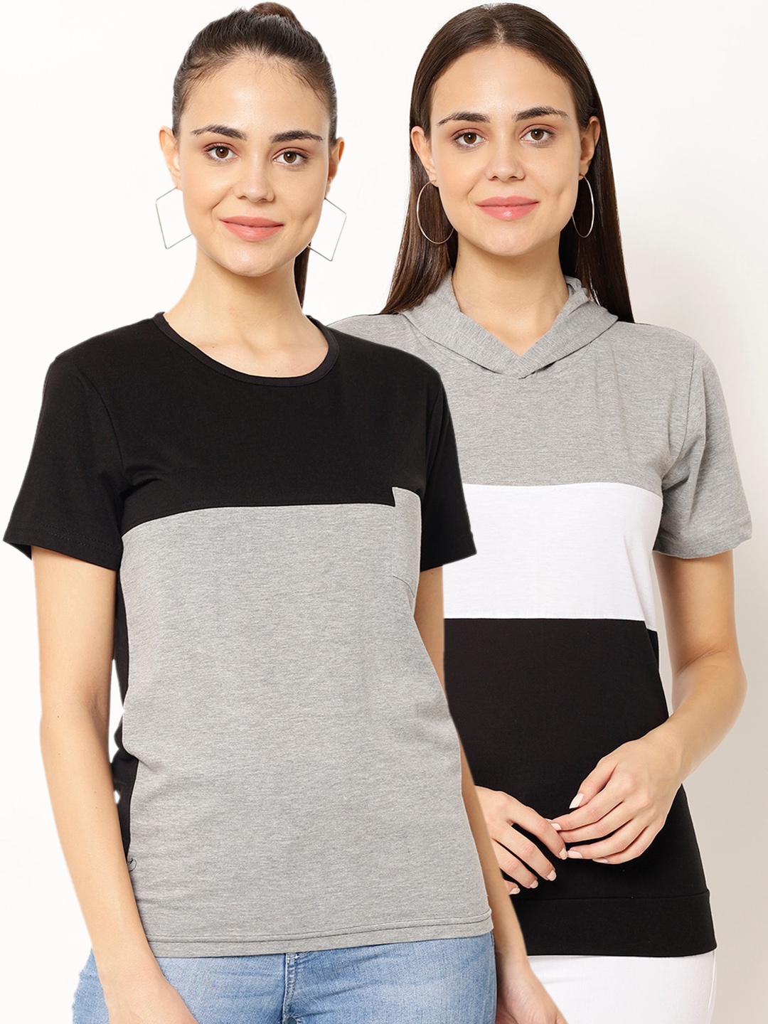 

VIMAL JONNEY Women Pack of 2 Colourblocked Round Neck T-shirts, Black