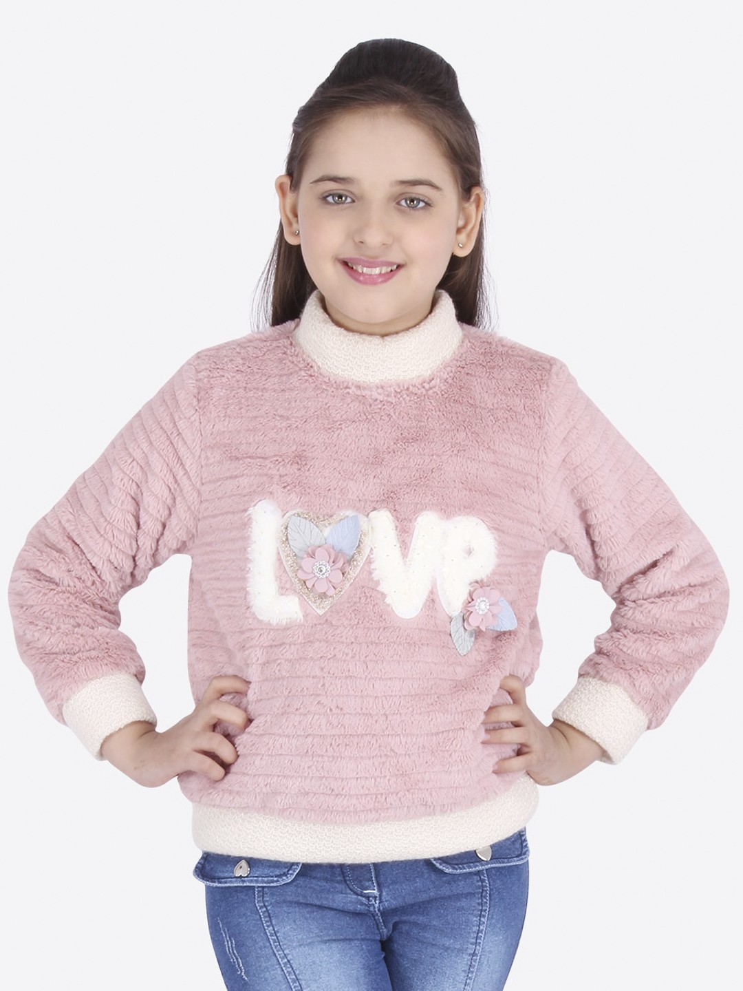 

CUTECUMBER Girls Acrylic Pink & White Self Design Pullover Sweater