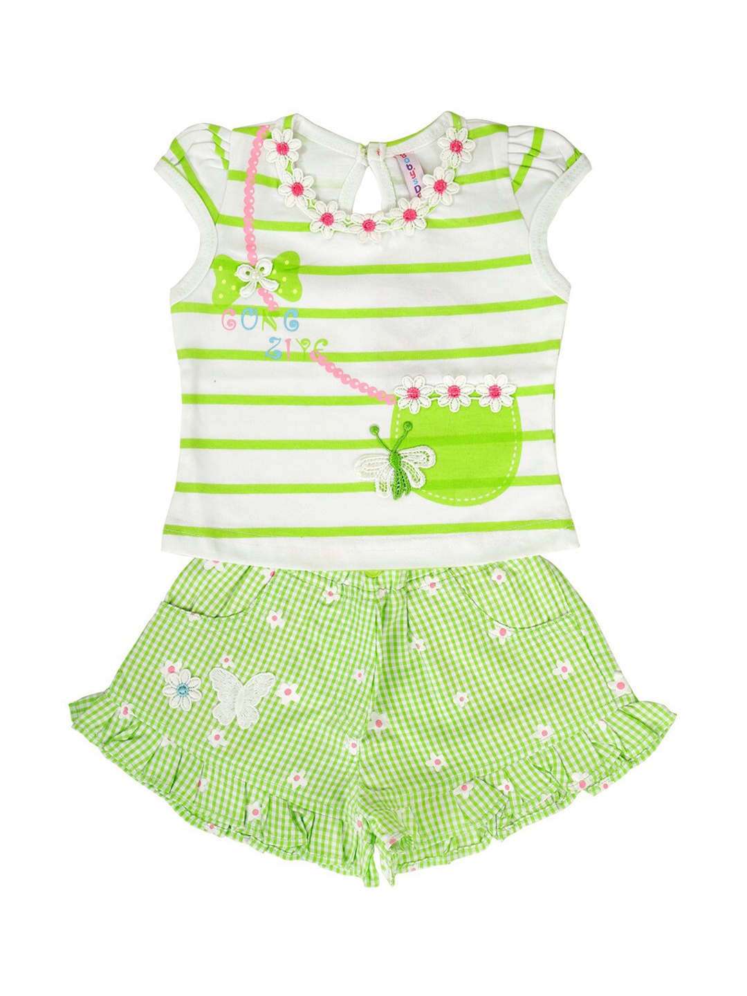 

Babys Day Girls White & Green Printed Top with Shorts