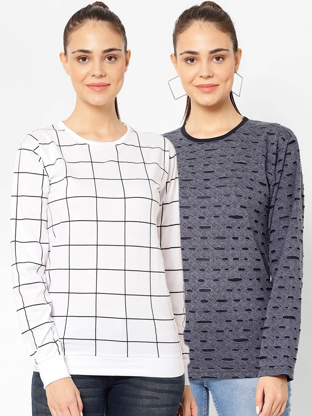 

VIMAL JONNEY Women Pack Of 2 Checked T-shirt, Grey