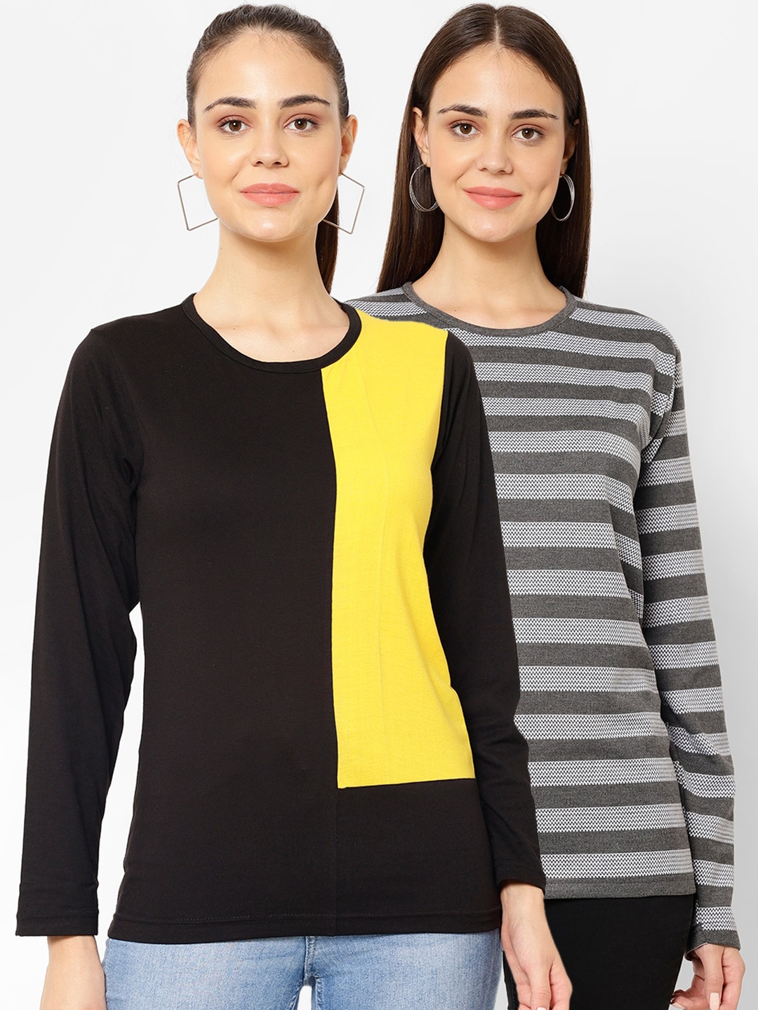 

VIMAL JONNEY Women Pack Of 2 Round Neck T-shirts, Black